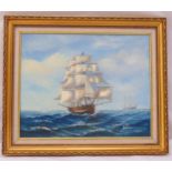 Ambrose framed oil on canvas of a sailing ship in rough sea, signed bottom right, 49.5 x 39.5cm