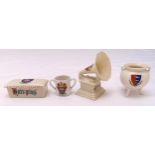 A quantity of four pieces of crested china to include Oxford University hair pin box, Douglas