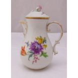 Meissen coffee pot, pear shaped with floral decoration, flower finial and scroll handle, mark to the