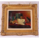 Framed and glazed oil on canvas still life of books and parchments on a shelf, indistinctly signed