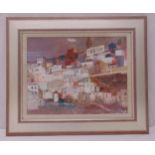 Ann Oram framed oil on canvas titled Vejer de la Frontera, signed and dated bottom right, label to