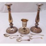 A quantity of white metal to include a pair of table candlesticks, a Kiddush cup and stand and