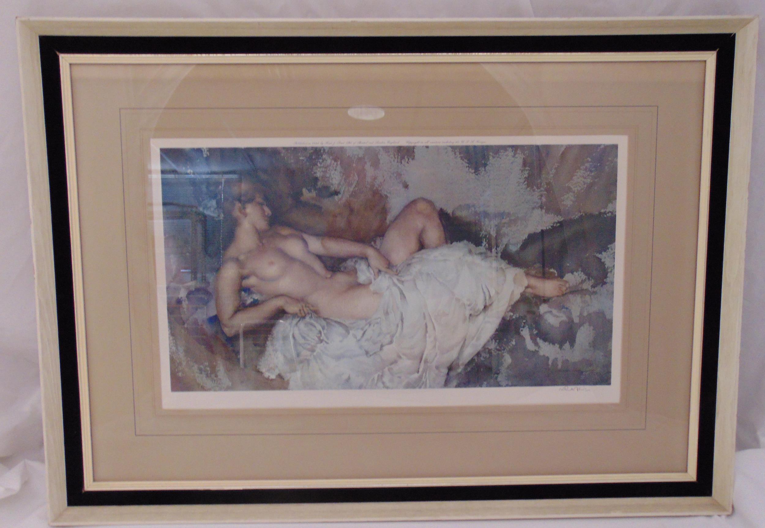 A Russell Flint framed and glazed polychromatic lithograph print of a naked recumbent lady, signed