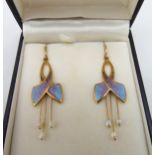 A pair of 9ct gold, enamel and seed pearl earrings