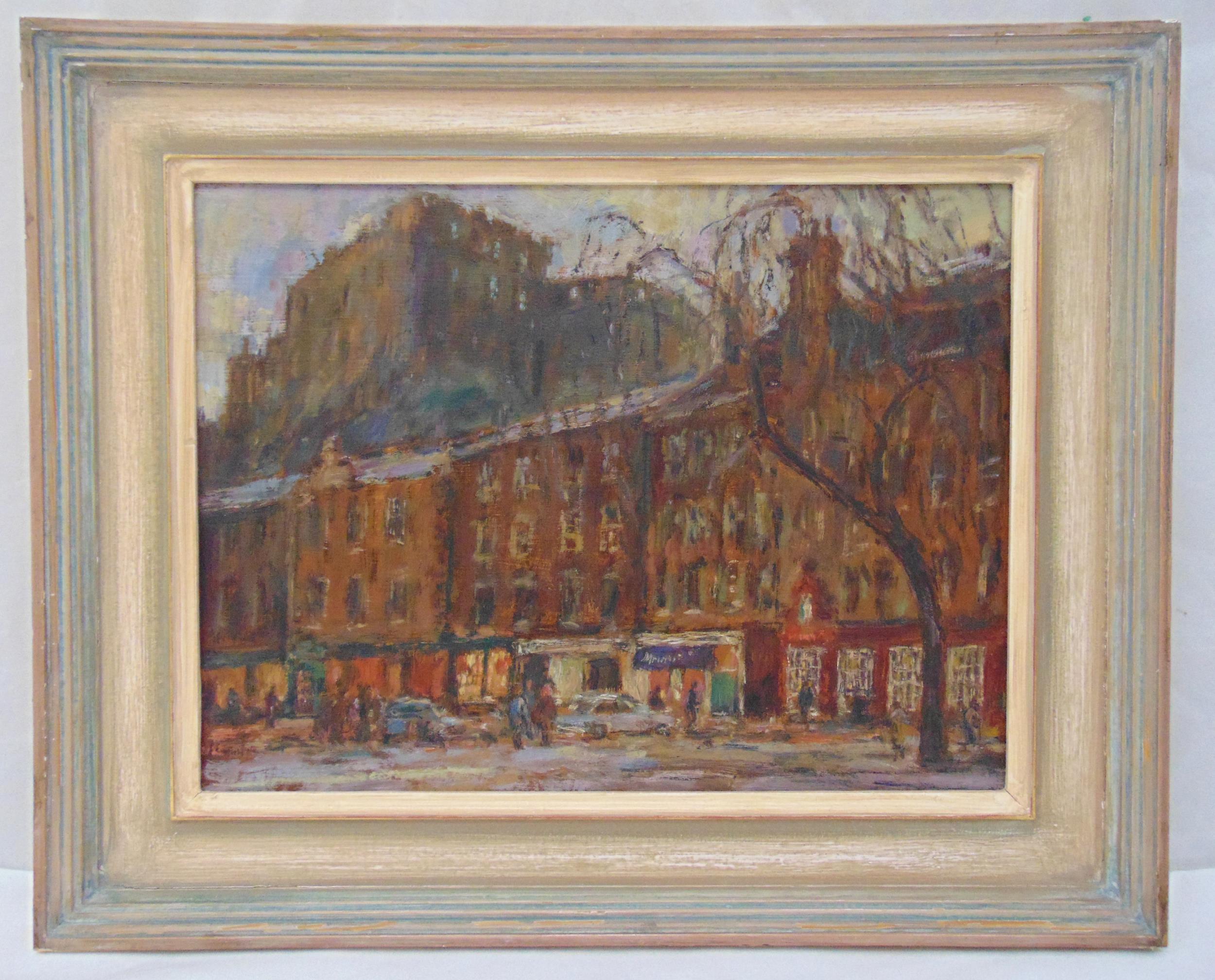 John Linfield framed oil on panel titled Winter in Edinburgh, signed bottom left, label to verso,