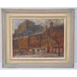 John Linfield framed oil on panel titled Winter in Edinburgh, signed bottom left, label to verso,