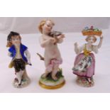 Three continental figurines of children in various pursuits, tallest 14cm (h)