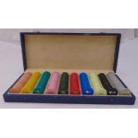 A cased set of coloured gambling chips with different nominations