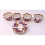 Four Lomonosov Russian gilt and painted porcelain cups and saucers decorated with cockerels, marks