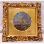 A framed and glazed oil on panel of a sailing boat, 13 x 13cm
