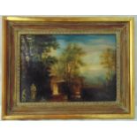 A framed oil on canvas of figures in a landscape against classical buildings, 34.5 x 24cm