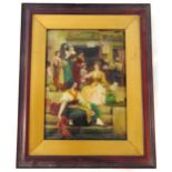 A framed Italian 19th century reverse oil on glass painting of ladies outside a trattoria, 27 x