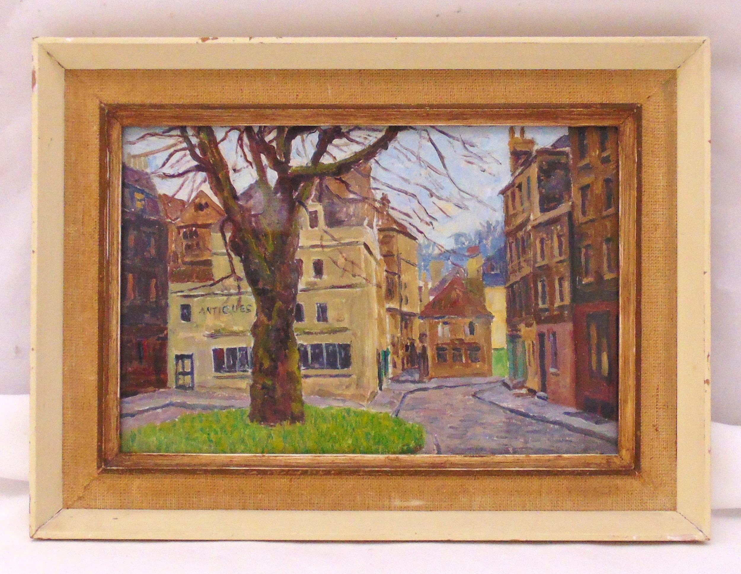 Paul William Henle framed and glazed oil on panel of a continental village scene, details to