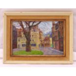 Paul William Henle framed and glazed oil on panel of a continental village scene, details to