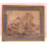 After Sesshu Toyo, framed and glazed Chinese landscape scene with mountain, pagodas and trees, paper