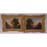 R Woodley Brown a pair of framed oils on canvas of figures within landscapes, details to verso, each