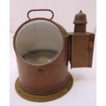 A brass gimbal mounted binnacle ships compass with side mounted candle lamp holder with chimney 25cm