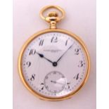 Patek Phillipe 14ct yellow gold open face pocket watch with white enamel dial, Arabic numerals and