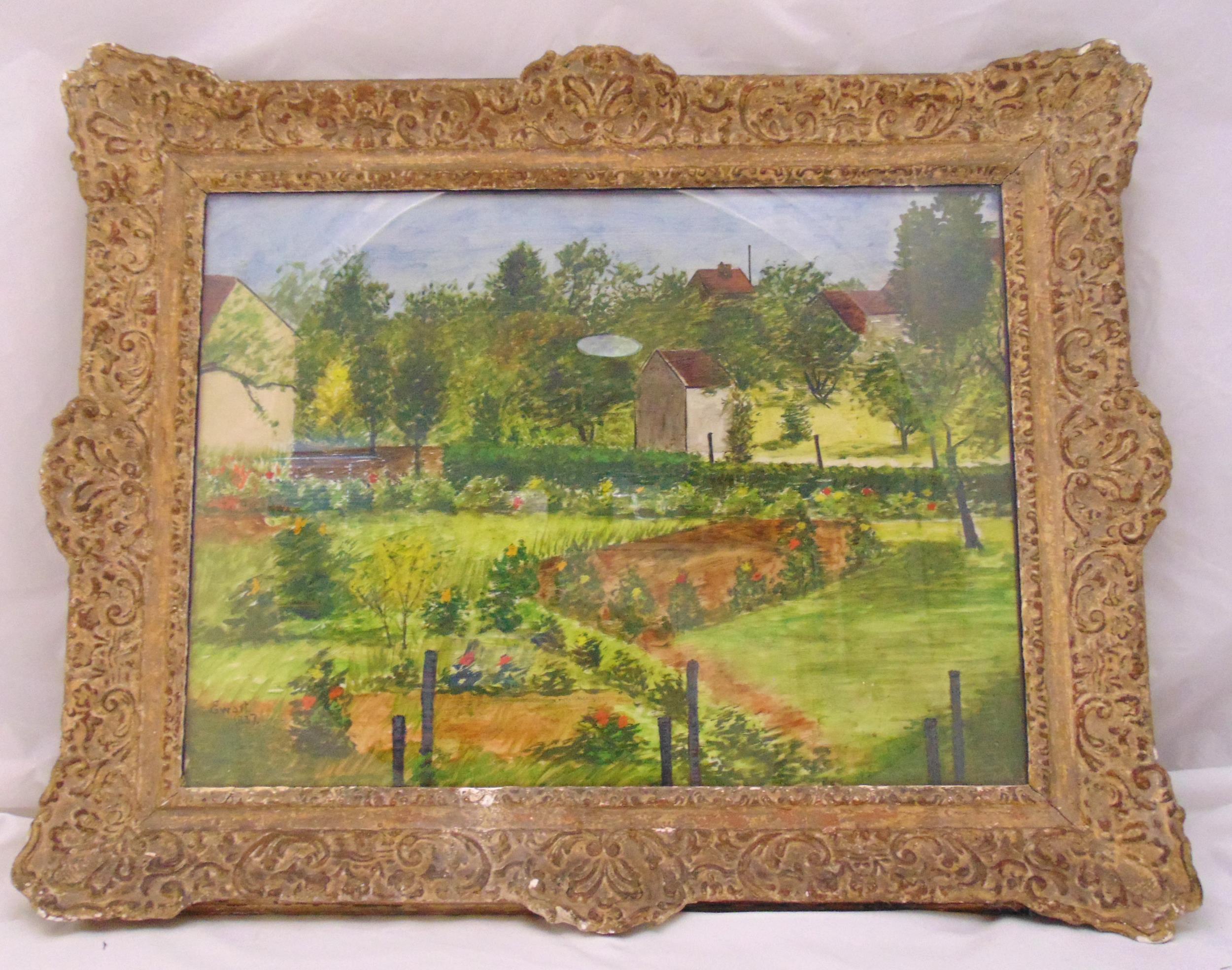 Ewart framed and glazed oil on canvas landscape with farm buildings in the background, signed bottom