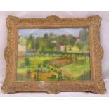 Ewart framed and glazed oil on canvas landscape with farm buildings in the background, signed bottom