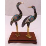 A pair of cloisonné birds, decorated with flowers and leaves on raised hardwood stand, 30cm (h)