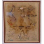 A framed and glazed late 19th century sampler depicting birds and female figures, frame 53 x 46cm