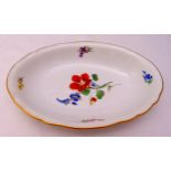 Meissen oval dish decorated with flowers, leaves and gilded border, marks to the base, 26.5 x 19cm