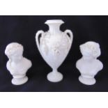 Two Parianware busts one A/F and a Parianware vase decorated with flowers, tallest 22.5cm (h)