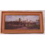 Ian Lamont framed oil on panel titled Blackfriars, signed bottom right, label to verso, 16 x 37.5cm