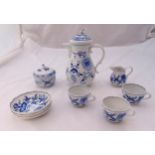 Meissen blue and white onion pattern coffee set to include a coffee pot, a cream jug , a sugar