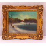 Ray Witchard framed oil on panel of figures ice skating on a lake, signed bottom left, 19 x 24cm