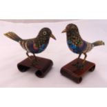 A pair of early 20th century cloisonné birds on hardwood stands, 11.5cm (h)