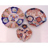 Three 19th century Imari dishes of various shape and form, largest 312cm (dia)