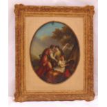 A framed oil on board of three classical maidens, 31 x 24cm