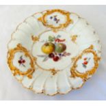 Meissen dish decorated with flowers, fruit and gilded detail, marks to the base, 29cm (dia)