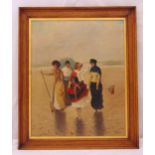 R. Gould framed oil on canvas of four ladies walking on a beach in late 19th century attire,