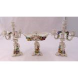 Sitzendorf 19th century four light candelabra with matching centre piece decorated with applied