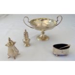 A hallmarked silver two handled bonbon dish on raised circular stand and three condiments, approx