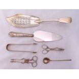 A quantity of silver and white metal to include a Victorian fish slice, London 1842, a cake slice,