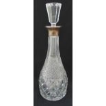 A hobnail cut glass decanter with drop stopper and hallmarked silver collar, 37cm (h)