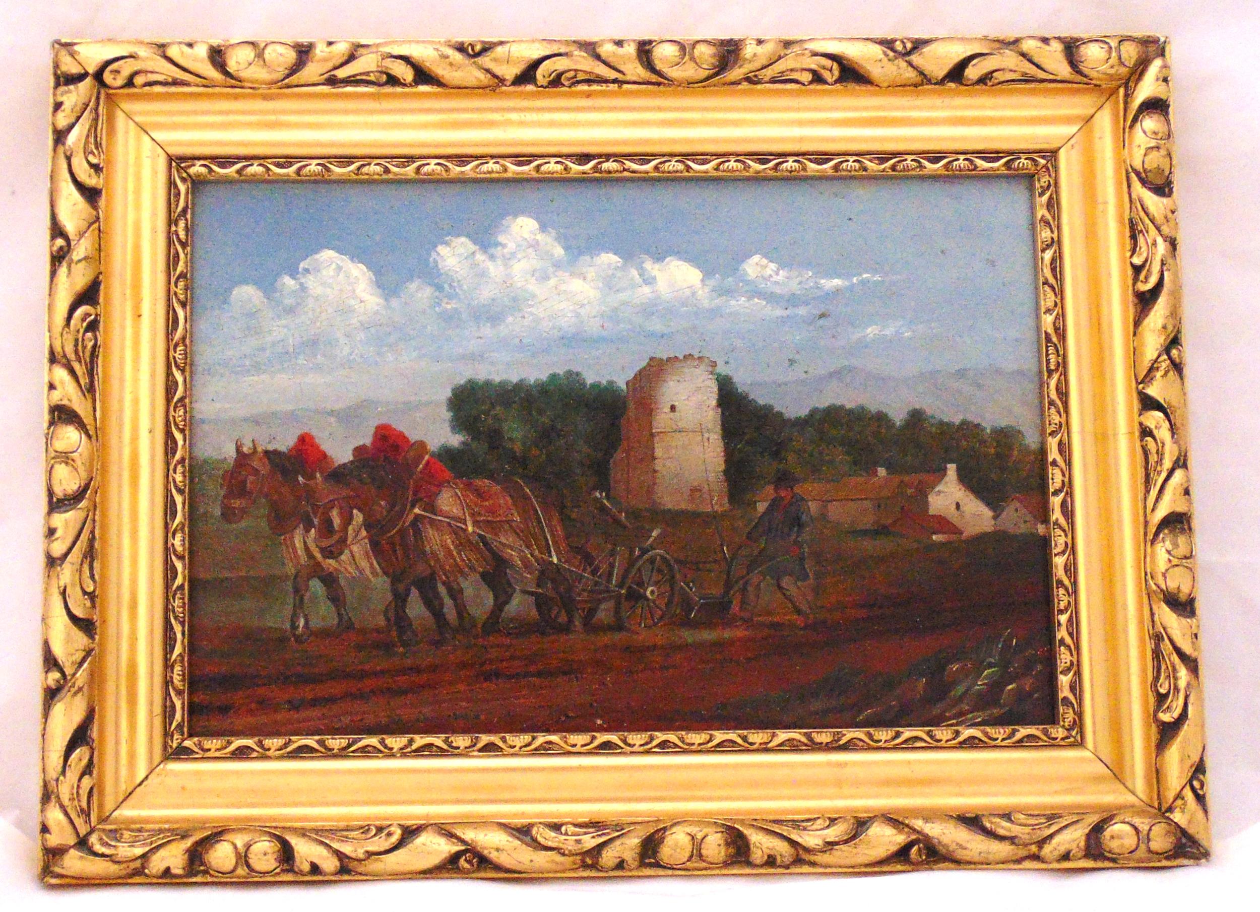A framed oil on board of horses pulling a plough, 19 x 28cm