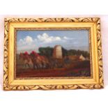 A framed oil on board of horses pulling a plough, 19 x 28cm