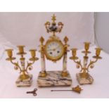 A late 19th century French marble and gilt metal mantle clock set, circular enamel dial with