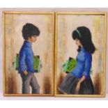 S. Olivier two framed oils on board of a boy and girl signed left and right, 45 x 26cm each