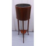 An Edwardian cylindrical mahogany inlaid jardinière on three outswept legs, 96 x 33cm