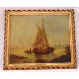 J Van Goyen framed oil of canvas of sailing boats at sea, signed bottom left, 29 x 35cm