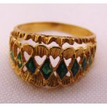 A yellow gold and enamel ring tested 9ct, approx total weight 3.6g, enamel A/F