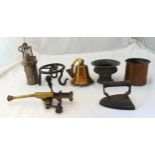 A quantity of collectables to include a brass ships bell, a lantern, vases, an iron and skillet