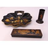 A late Victorian black lacquered chinoiserie crumb scoop, cylindrical pen holder and a rectangular