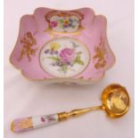 A Limoges hand-painted pink bowl with flowers and matching ladle (handle A/F) 20cm (w)